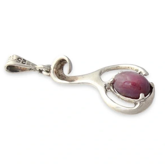 Vintage Genuine Star Ruby Sterling Silver Necklace Pendant Brutalist Modernist
